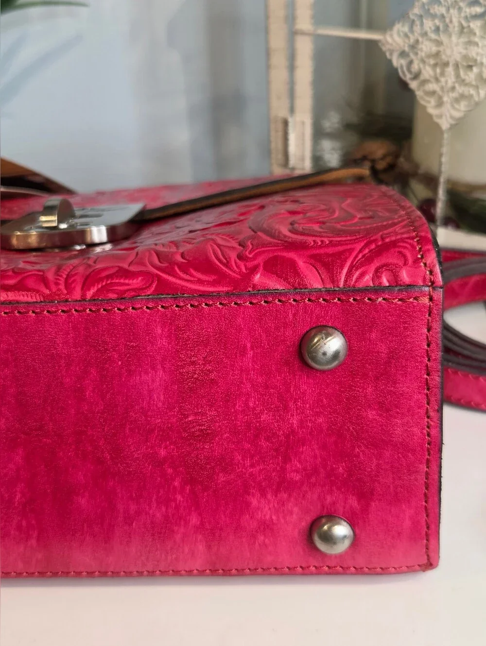 Patricia Nash Chauny Satchel in Magenta Tooled Leather